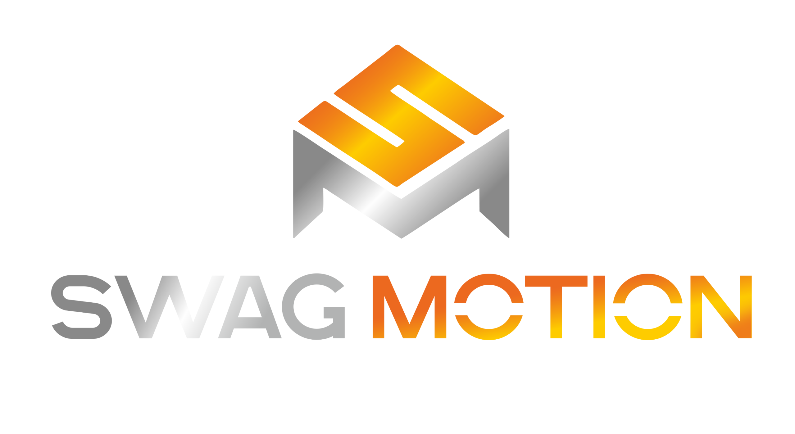Logo for Swag Motion: a geometric orange-and-gray emblem atop the words 'SWAG MOTION' in a gray-to-orange gradient text